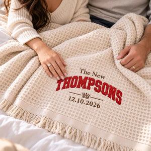 Custom Newlywed Glitter Throw Blanket, Embroidered Last Name with Date Applique Blanket, Home Decor Gift