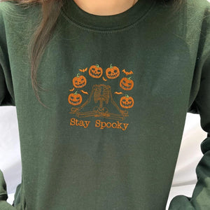 Halloween Pumpkin Sweatshirt, Embroidered Skeleton Hoodie