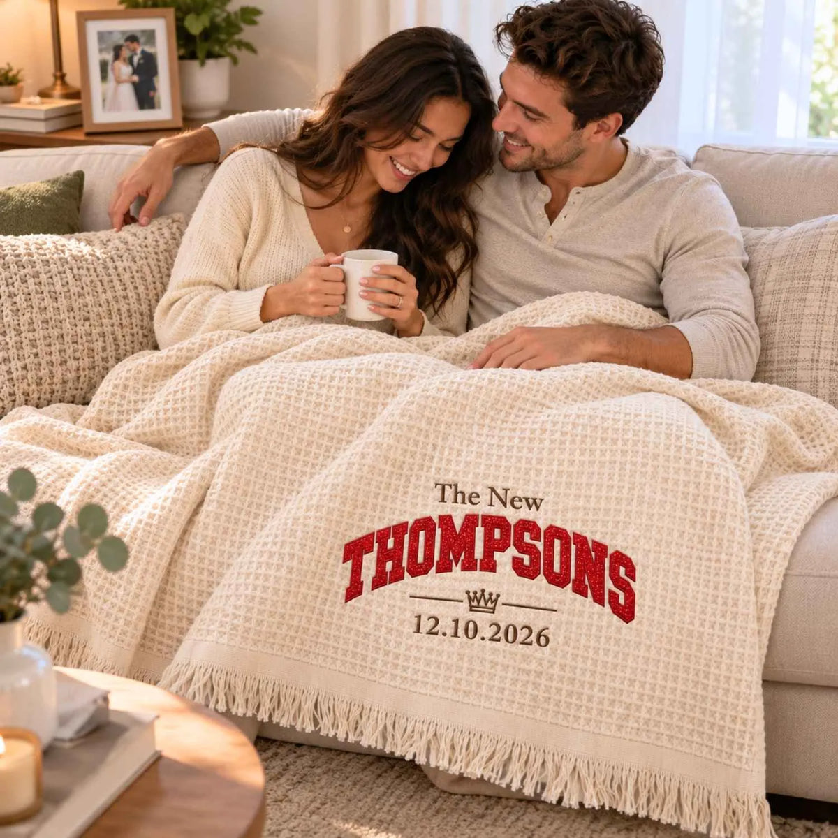 Custom Newlywed Glitter Throw Blanket, Embroidered Last Name with Date Applique Blanket, Home Decor Gift