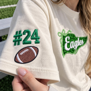 Personalized Game Day Girls Applique T-shirt, Embroidered Glitter Team Name Pennant Flag Apparel