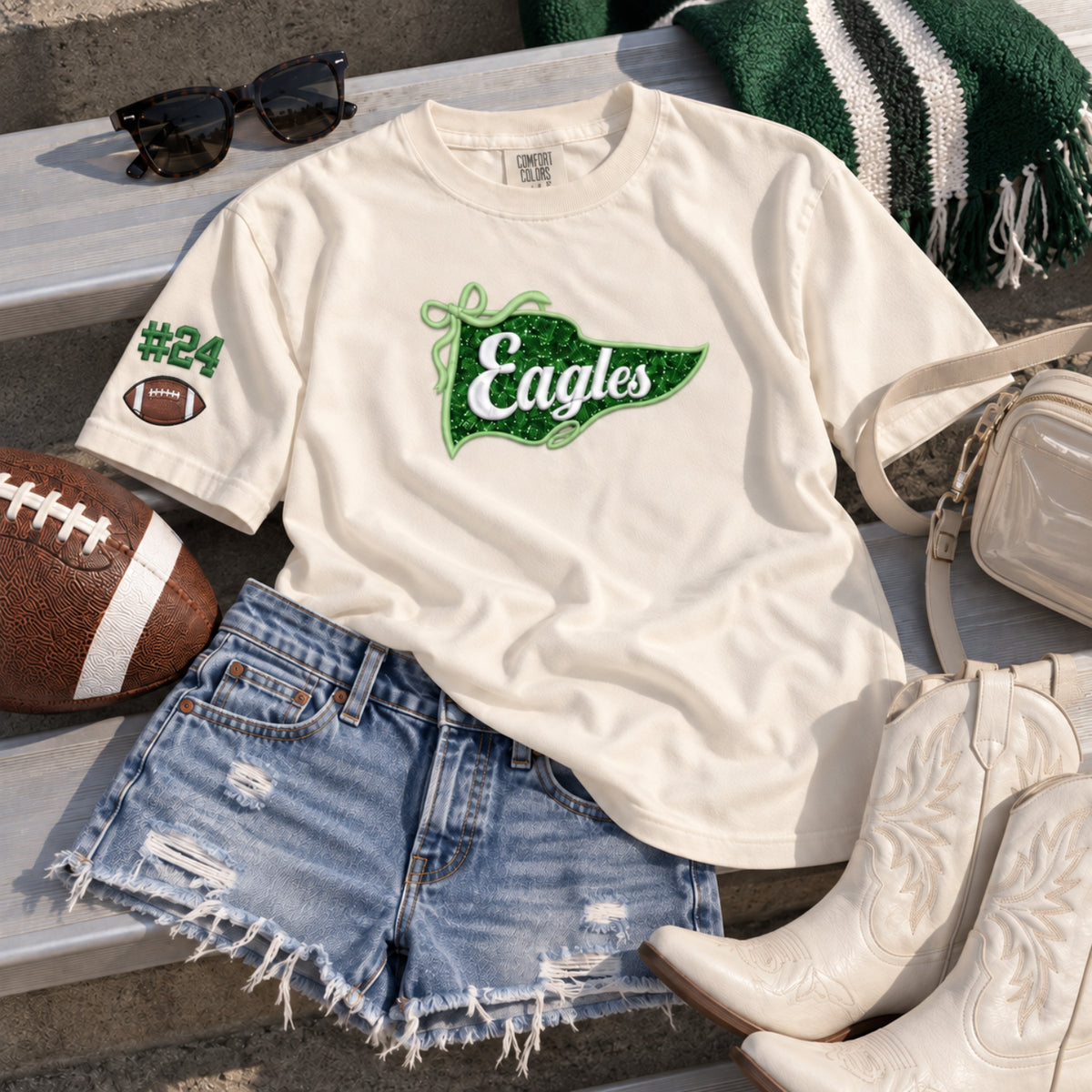 Personalized Game Day Girls Applique T-shirt, Embroidered Glitter Team Name Pennant Flag Apparel