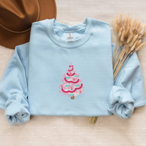 Pink Tree Christmas Sweatshirt, Holiday Winter Embroidered Crewneck Hoodie for Women Men