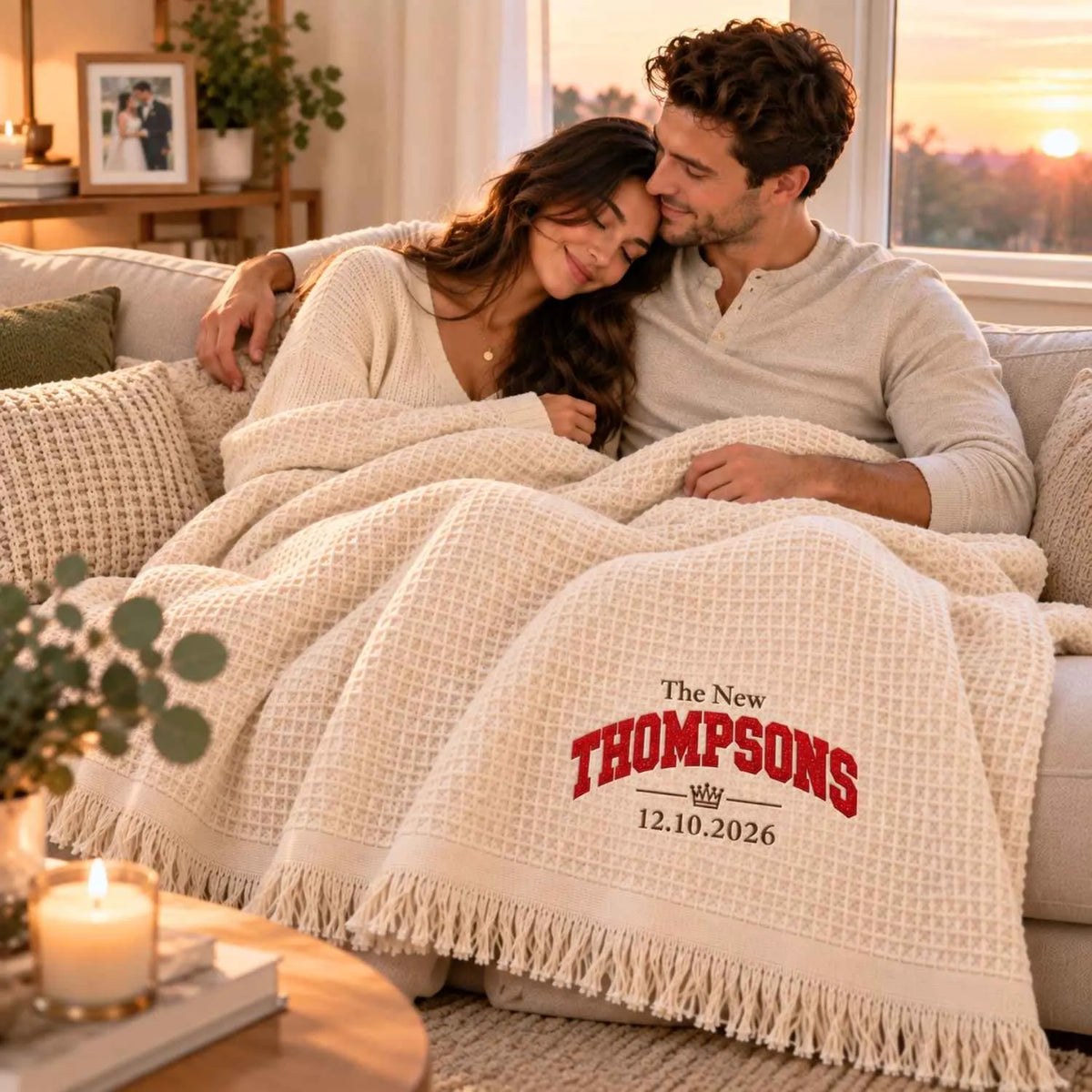 Custom Newlywed Glitter Throw Blanket, Embroidered Last Name with Date Applique Blanket, Home Decor Gift