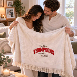 Custom Newlywed Glitter Throw Blanket, Embroidered Last Name with Date Applique Blanket, Home Decor Gift