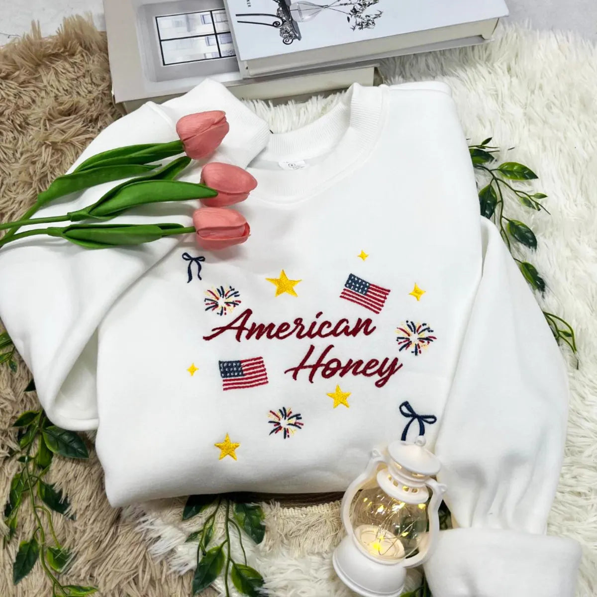 Embroidered American Honey Sweatshirt or Hoodie - 4th of July Patriotic Apparel