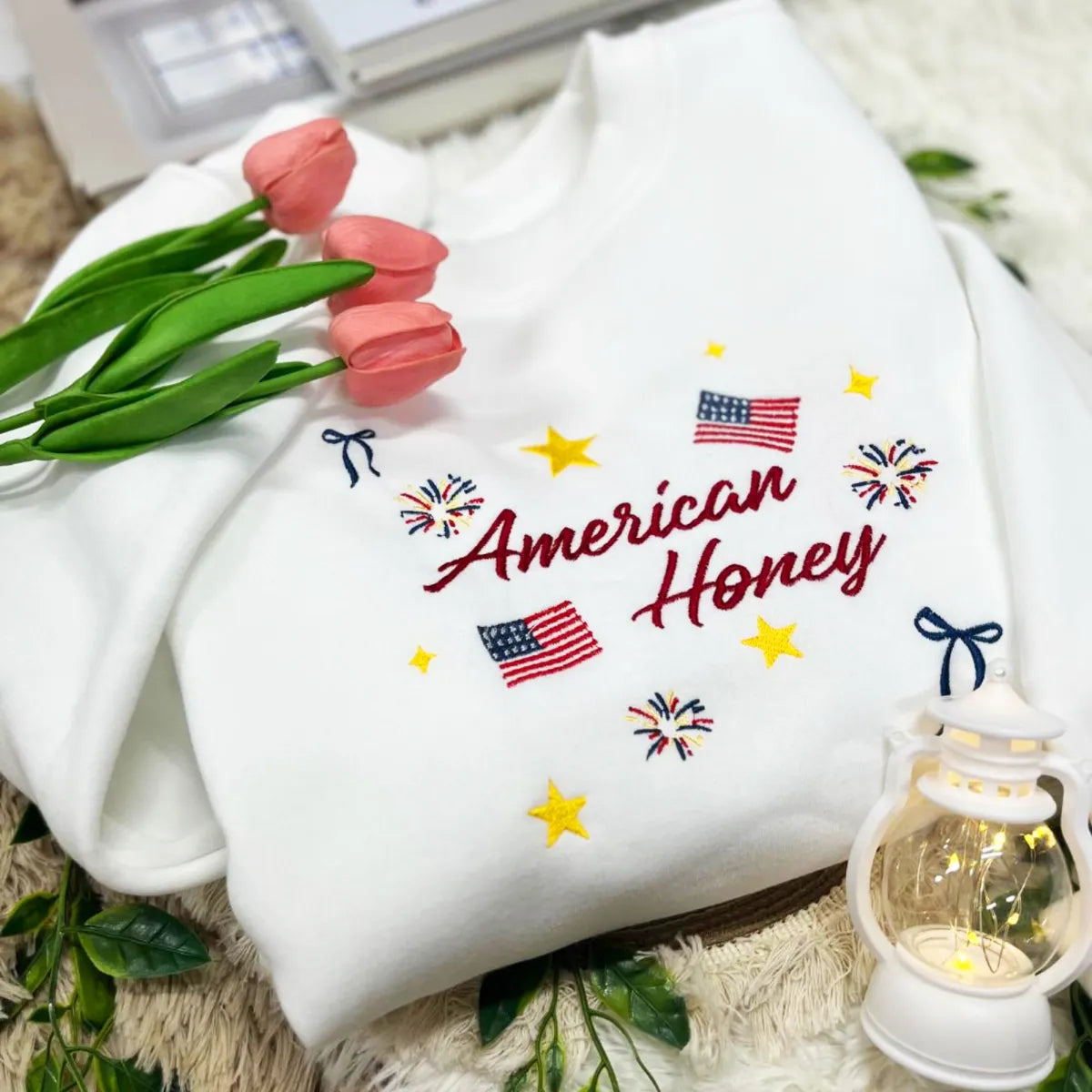 Embroidered American Honey Sweatshirt or Hoodie - 4th of July Patriotic Apparel