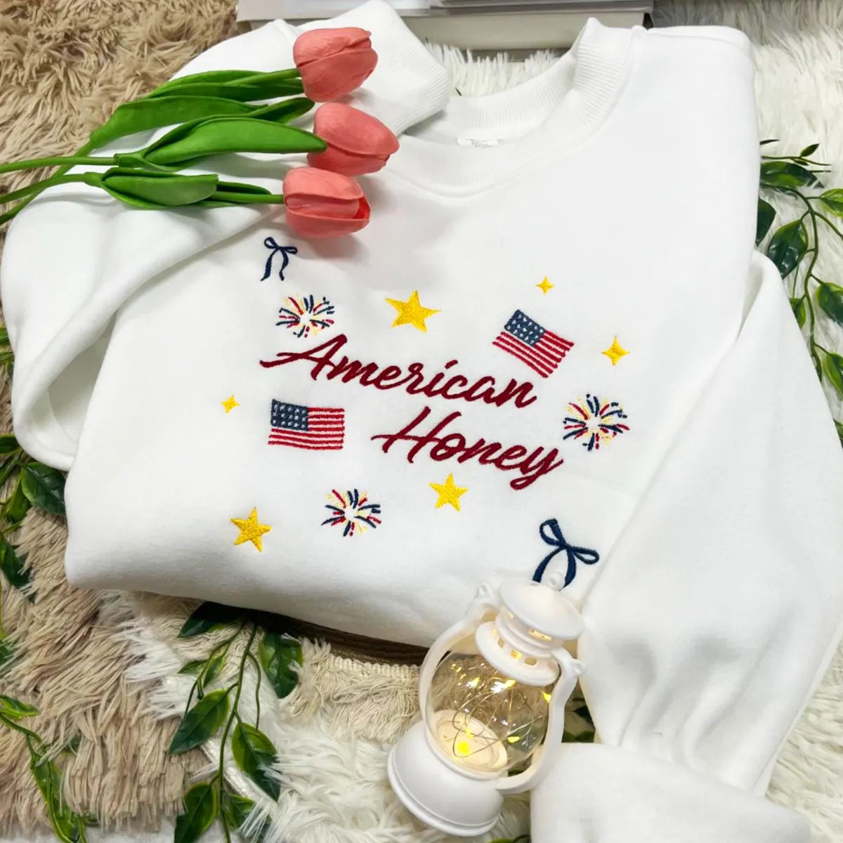 Embroidered American Honey Sweatshirt or Hoodie - 4th of July Patriotic Apparel