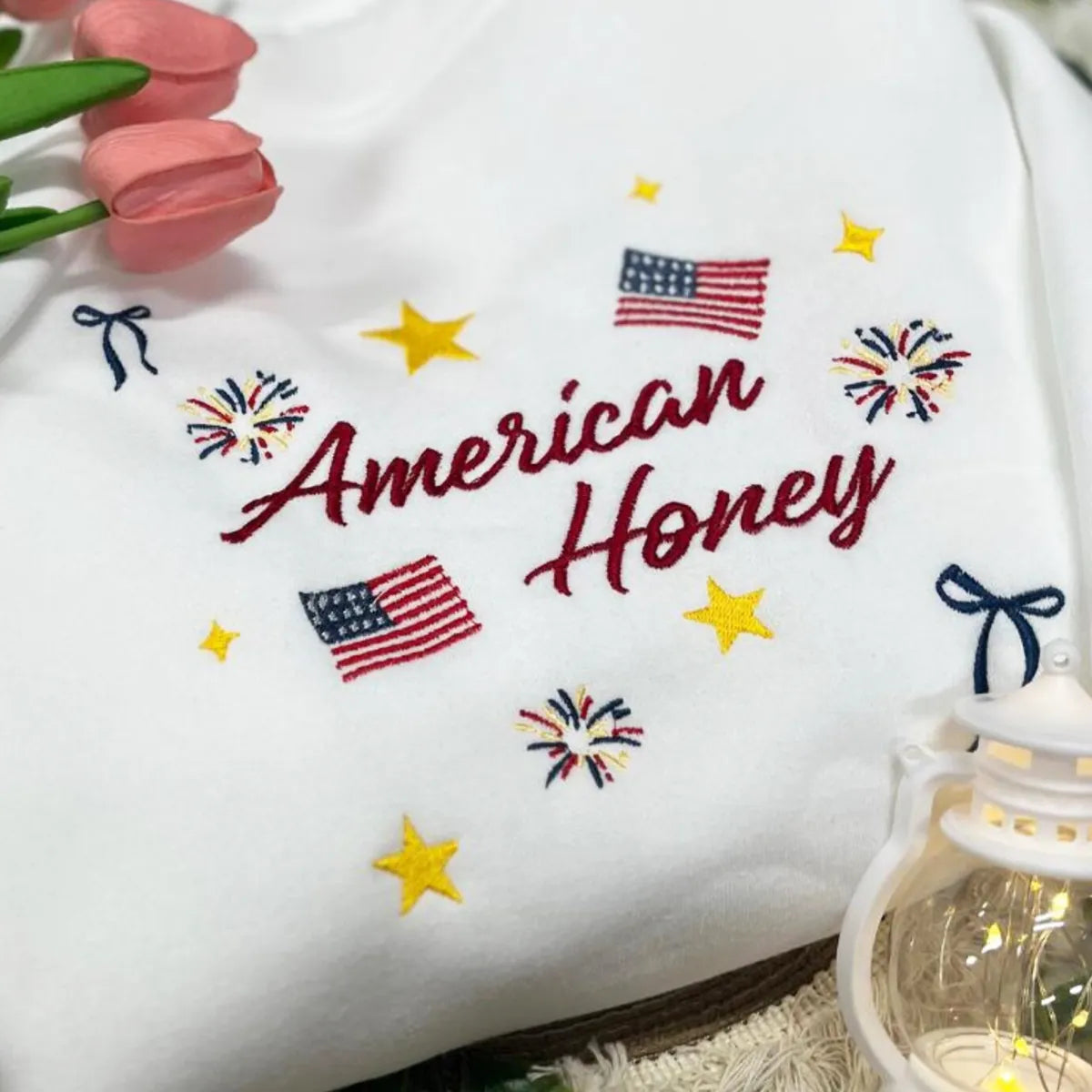 Embroidered American Honey Sweatshirt or Hoodie - 4th of July Patriotic Apparel