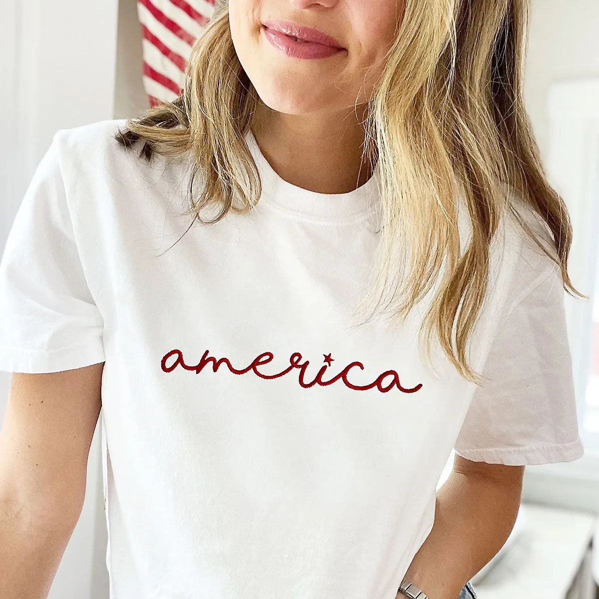 Embroidered America Script Sweatshirt or Hoodie – 4th of July Minimal Patriotic Apparel