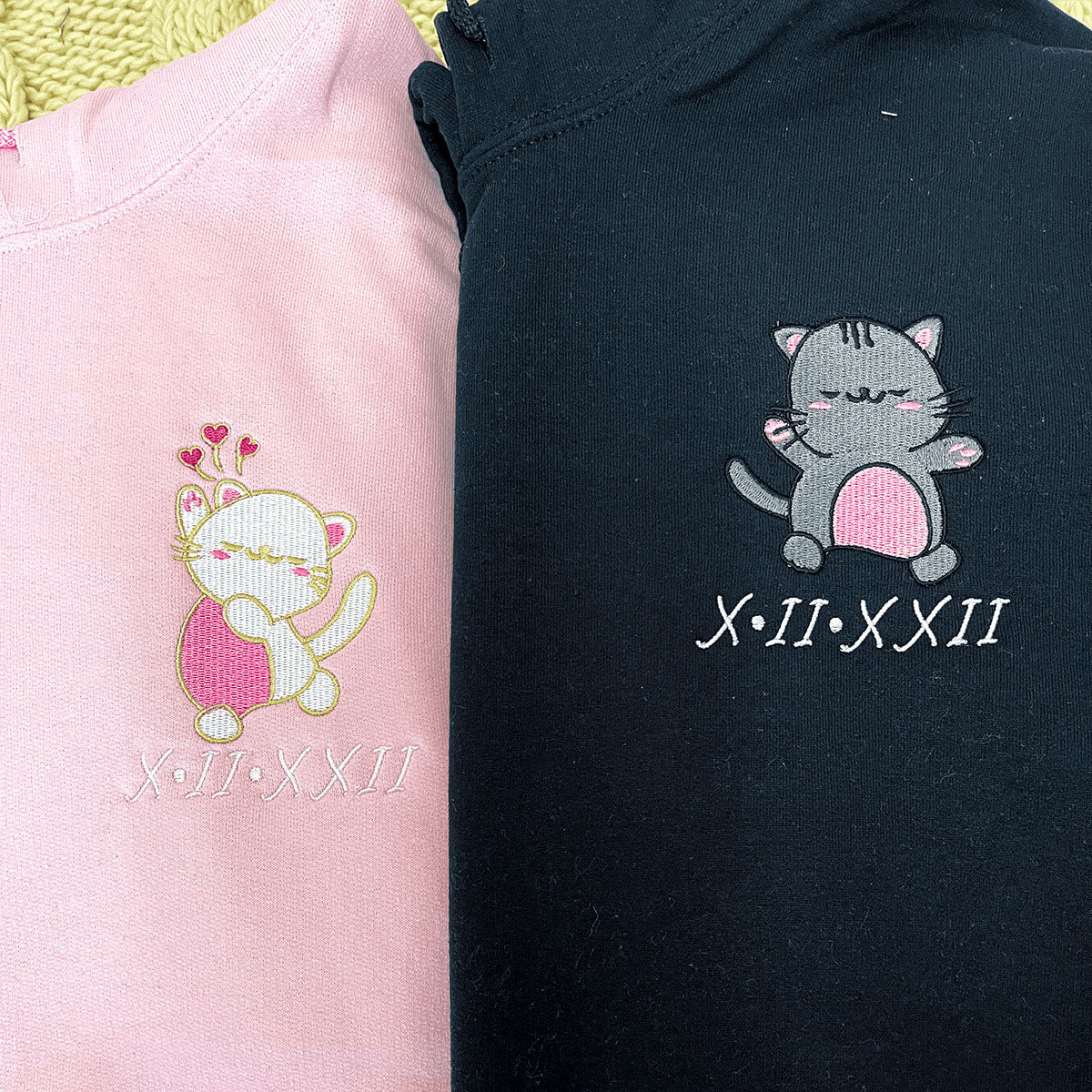 Anime Cat Matching Couple Hoodie, Embroidered Custom On Sleeve, Luxury Gifts For Couples