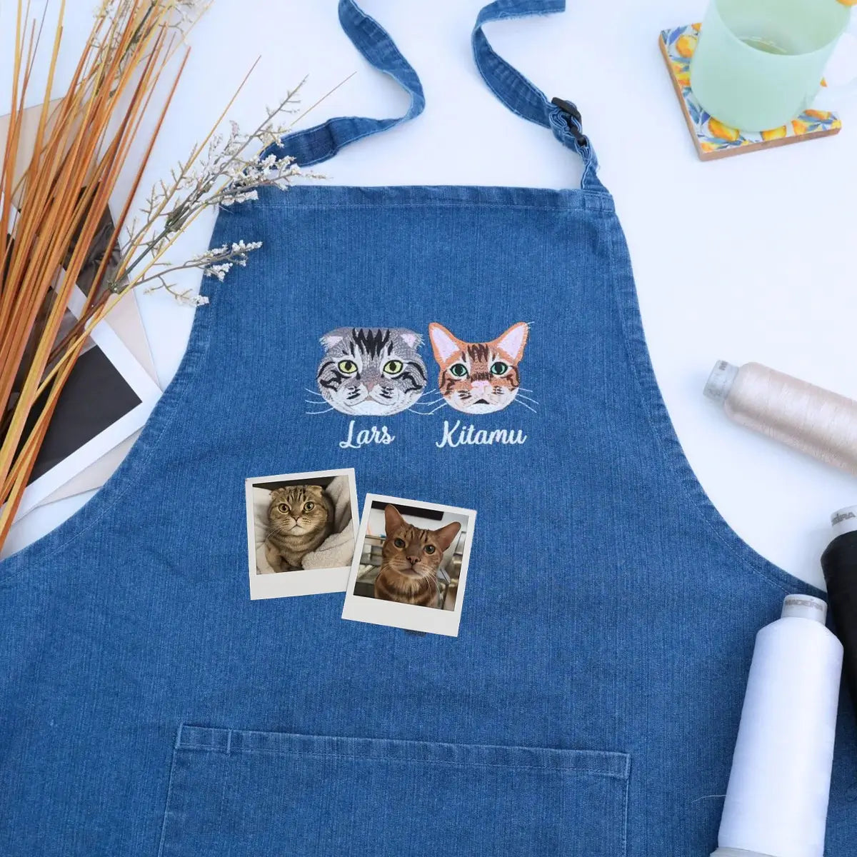 Cat Blue Apron with two cats embroidery, a meaningful gift for cat mom cat dad