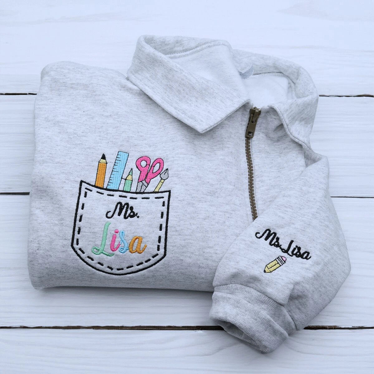 Custom Teacher Name Quarter Zip Sweatshirt or Zip Up Hoodie, Embroidered Gift for Teacher, Teacher Gift