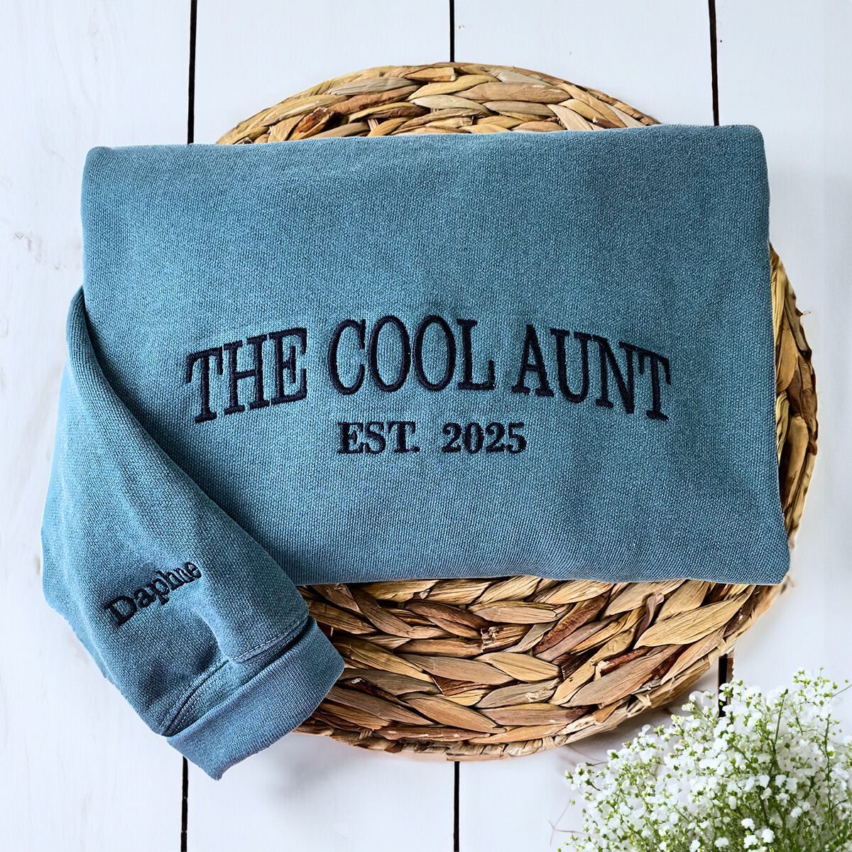 Blue Spruce The Cool Aunt Sweatshirt with 'EST. 2025' embroidery, a meaningful and cozy gift for Aunt
