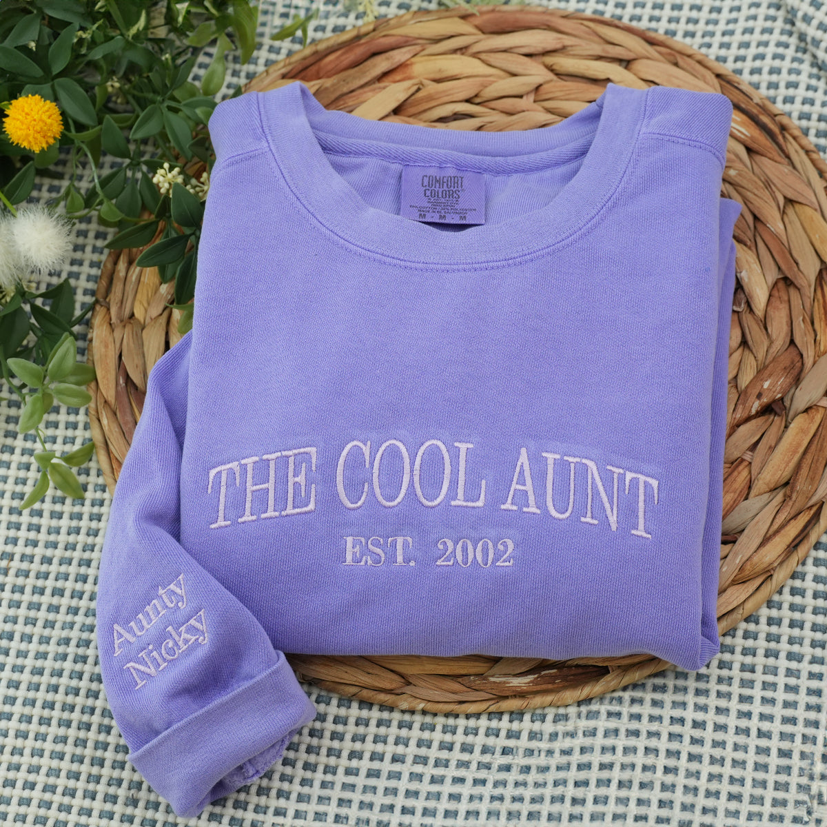 Orchid The Cool Aunt Sweatshirt with EST. 2002' embroidery, a meaningful and cozy gift for Aunt