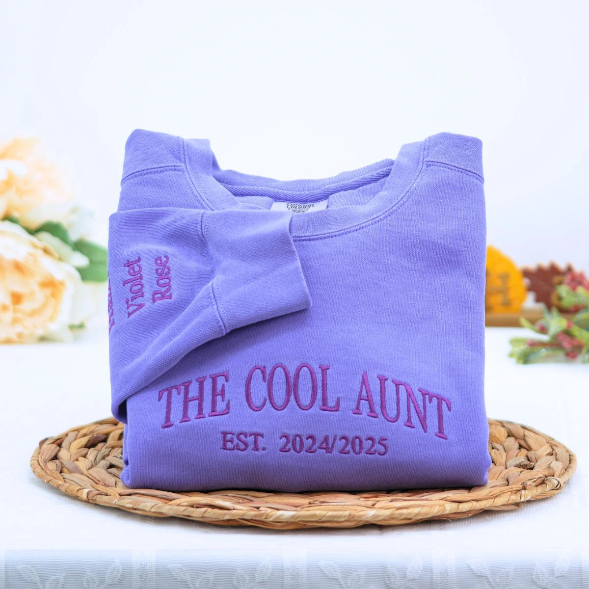 Violet Aunt Sweatshirt with EST. 2024 2025 embroidery, a meaningful and cozy gift for auntie