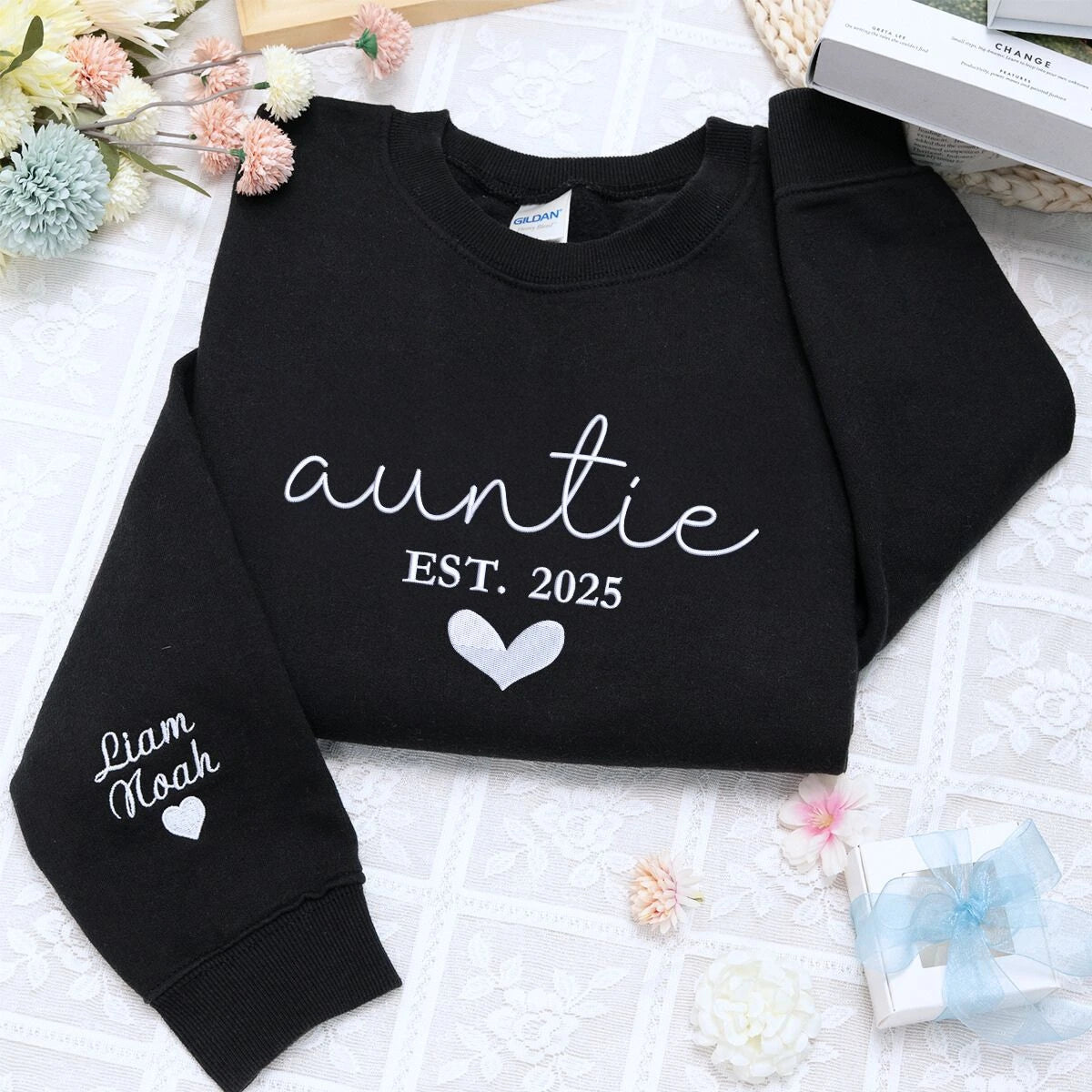 Auntie Black Sweatshirt with 'EST. 2025' embroidery with niece and newphew names on sleeve, a meaningful and cozy gift for auntie