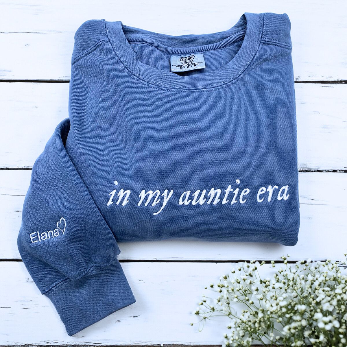 Blue Jean Auntie Era Sweatshirt with Niece name on sleeve, a meaningful and cozy gift for Auntie