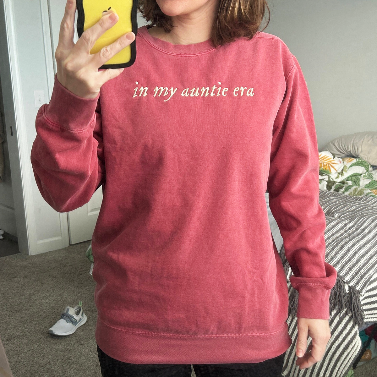 Crimson Auntie Era Sweatshirt with Niece name on sleeve, a meaningful and cozy gift for Auntie