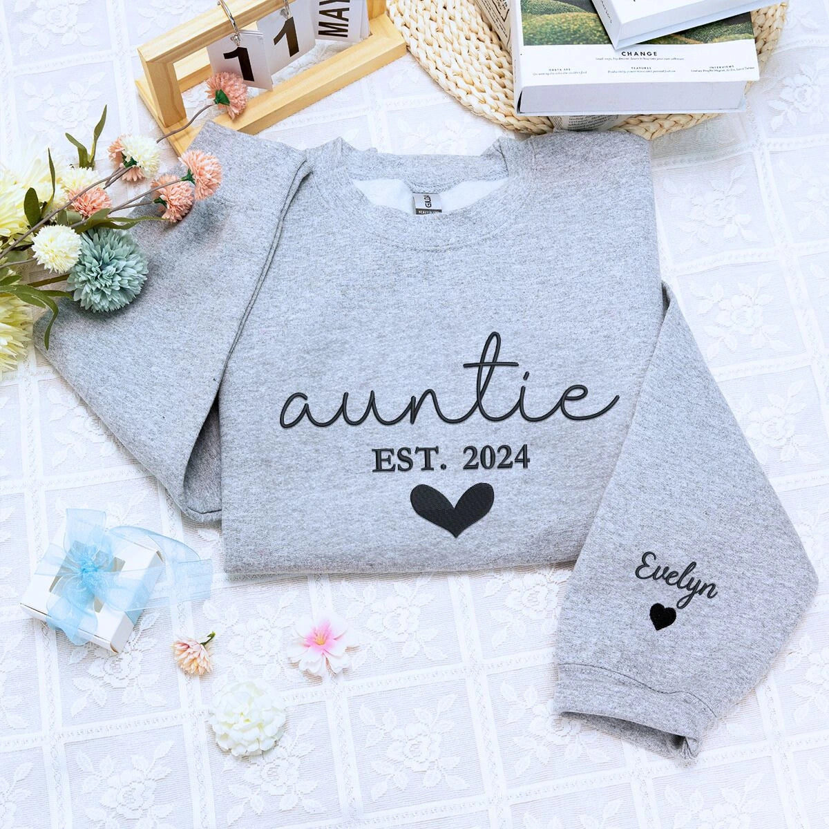 Auntie Sport Gray Sweatshirt with 'EST. 2024' embroidery with niece and newphew names on sleeve, a meaningful and cozy gift for auntie