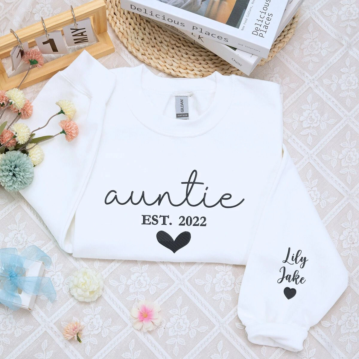 Auntie White Sweatshirt with 'EST. 2022' embroidery with niece and newphew names on sleeve, a meaningful and cozy gift for auntie