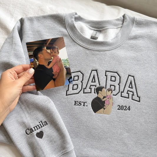 Custom embroidered Baba portrait Varsity sweatshirt gift for new dad from wife