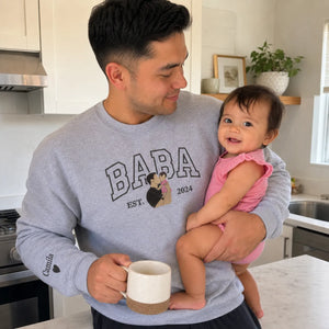 Custom embroidered Baba portrait Varsity sweatshirt gift for new dad from wife