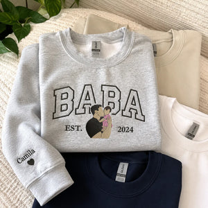 Custom embroidered Baba portrait Varsity sweatshirt gift for new dad from wife