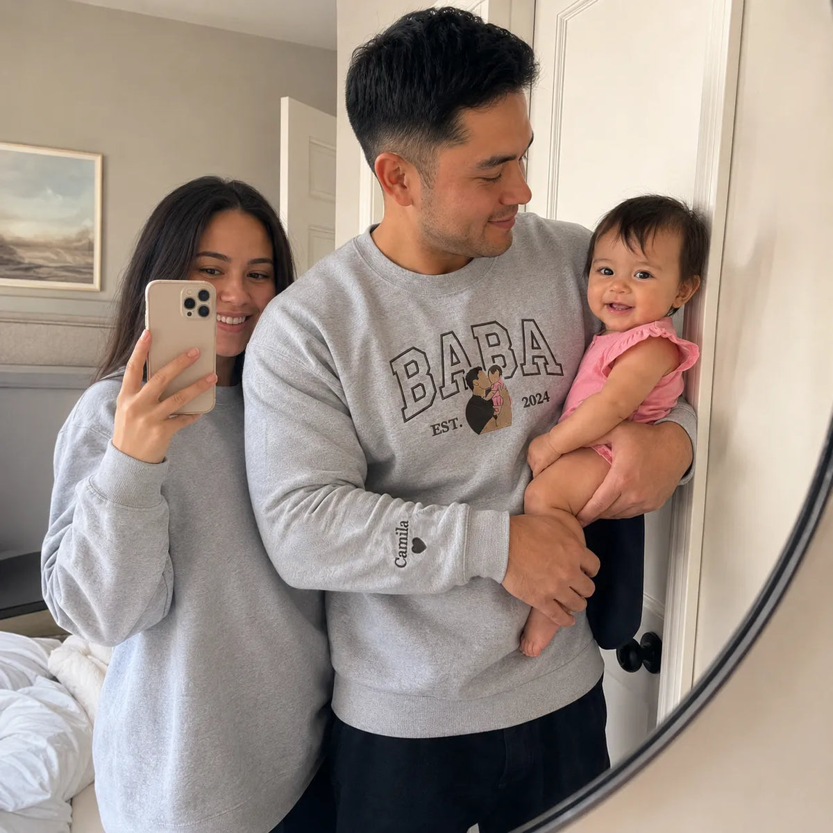 Custom embroidered Baba portrait Varsity sweatshirt gift for new dad from wife