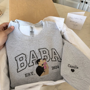 Custom embroidered Baba portrait Varsity sweatshirt gift for new dad from wife
