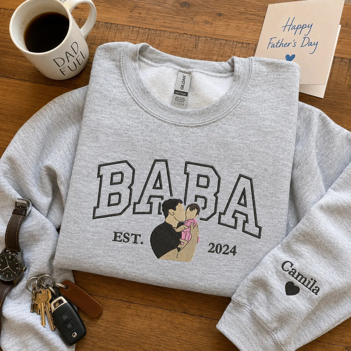 Custom embroidered Baba portrait Varsity sweatshirt gift for new dad from wife