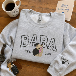 Custom embroidered Baba portrait Varsity sweatshirt gift for new dad from wife