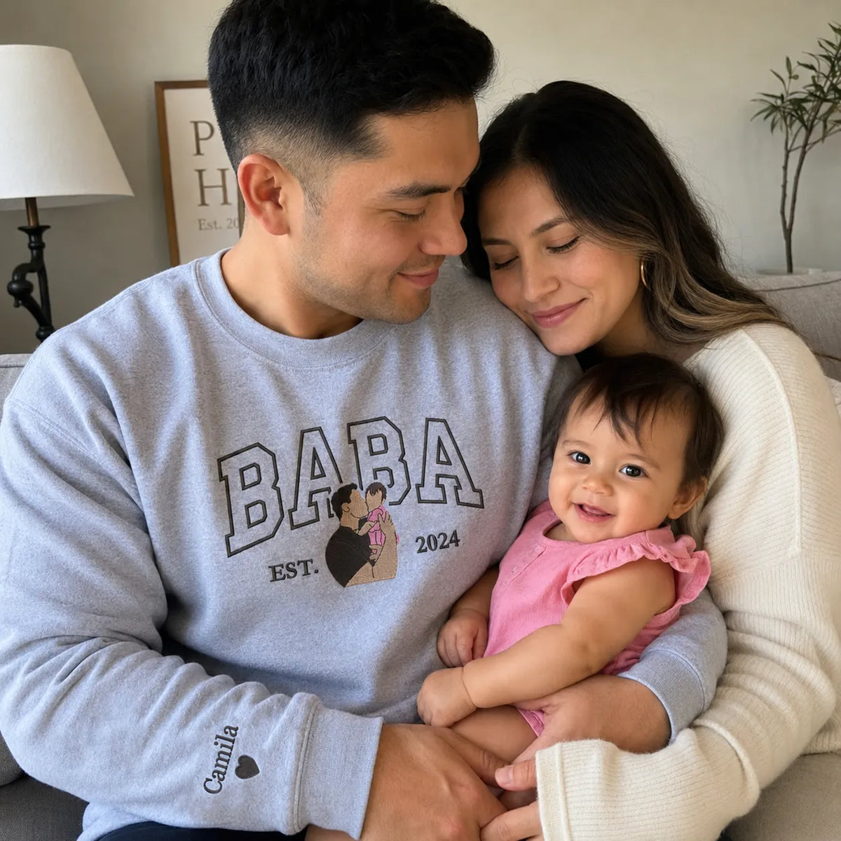Custom embroidered Baba portrait Varsity sweatshirt gift for new dad from wife