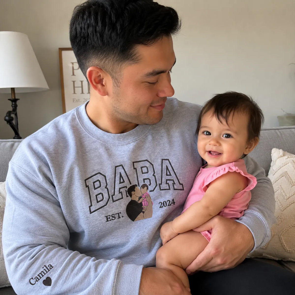 Custom embroidered Baba portrait Varsity sweatshirt gift for new dad from wife