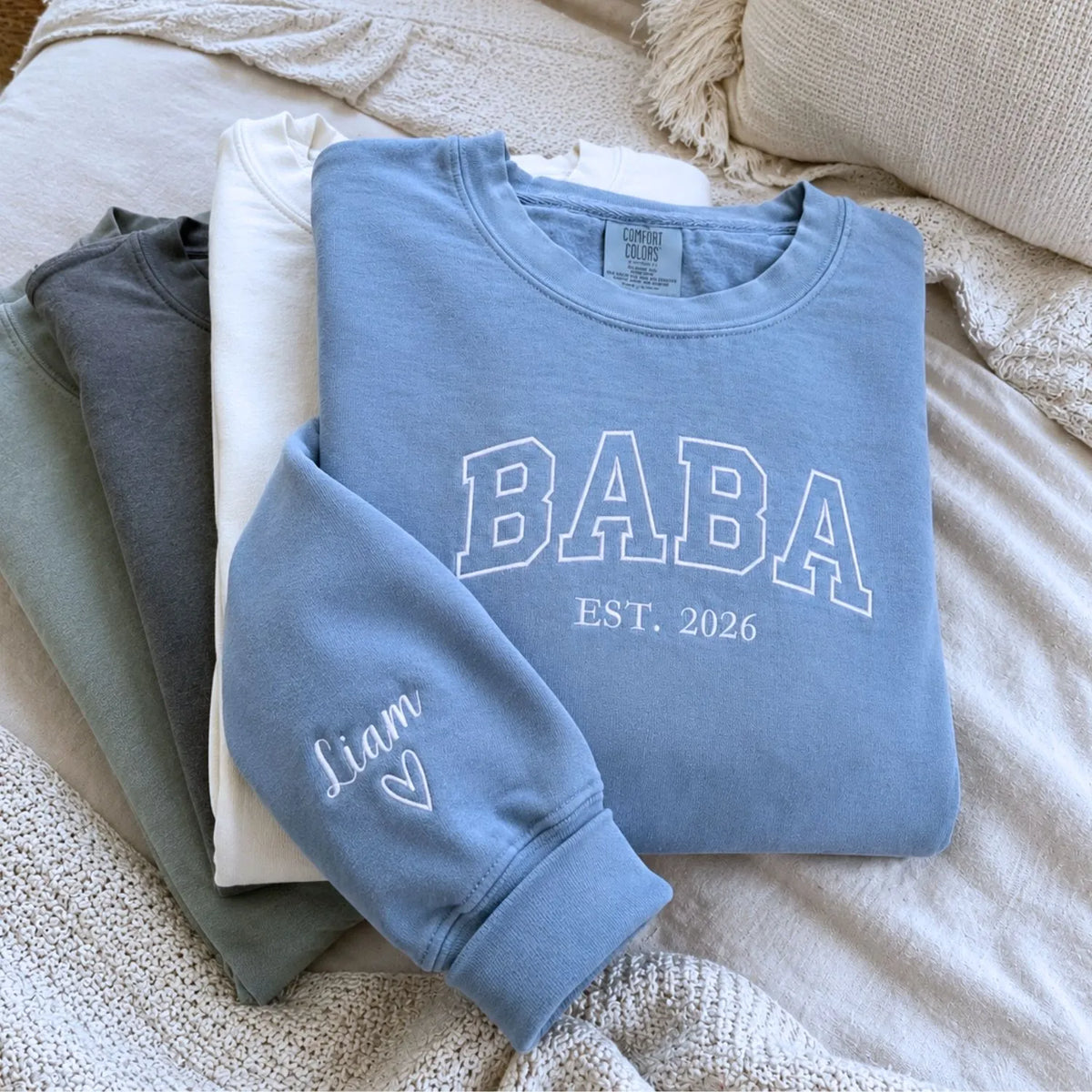 Custom embroidered Baba Est t-shirt with high-density stitching, personalized first Father's Day gift for him