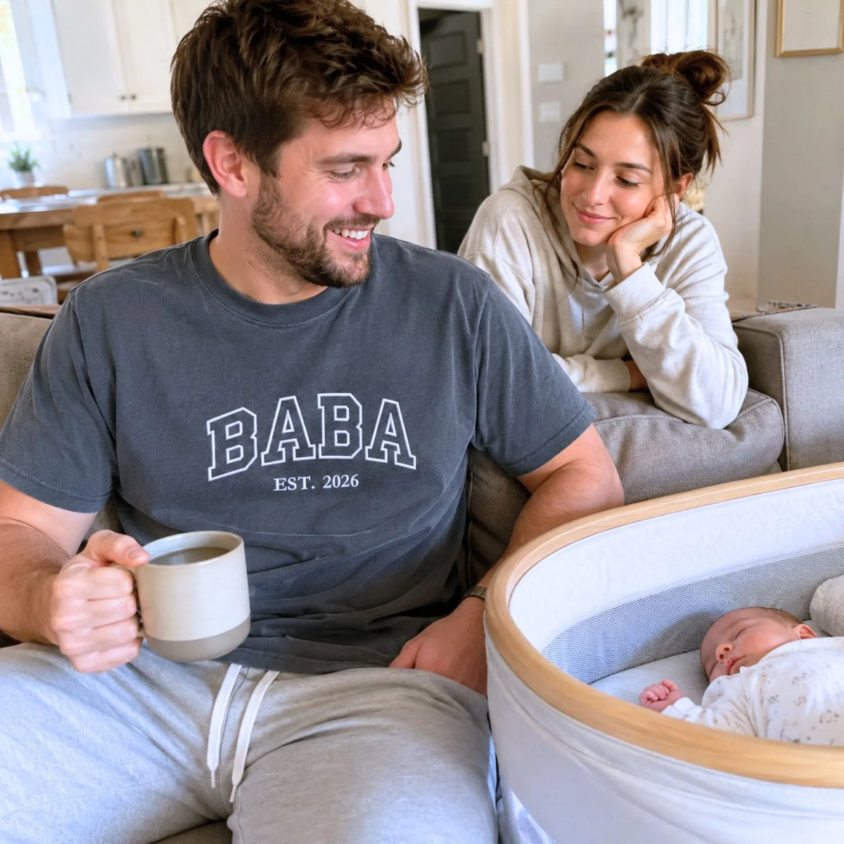 Custom embroidered Baba Est t-shirt with high-density stitching, personalized first Father's Day gift for him