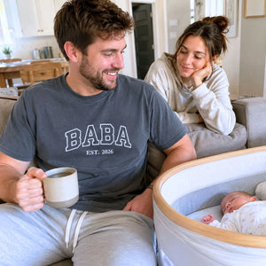 Custom embroidered Baba Est t-shirt with high-density stitching, personalized first Father's Day gift for him