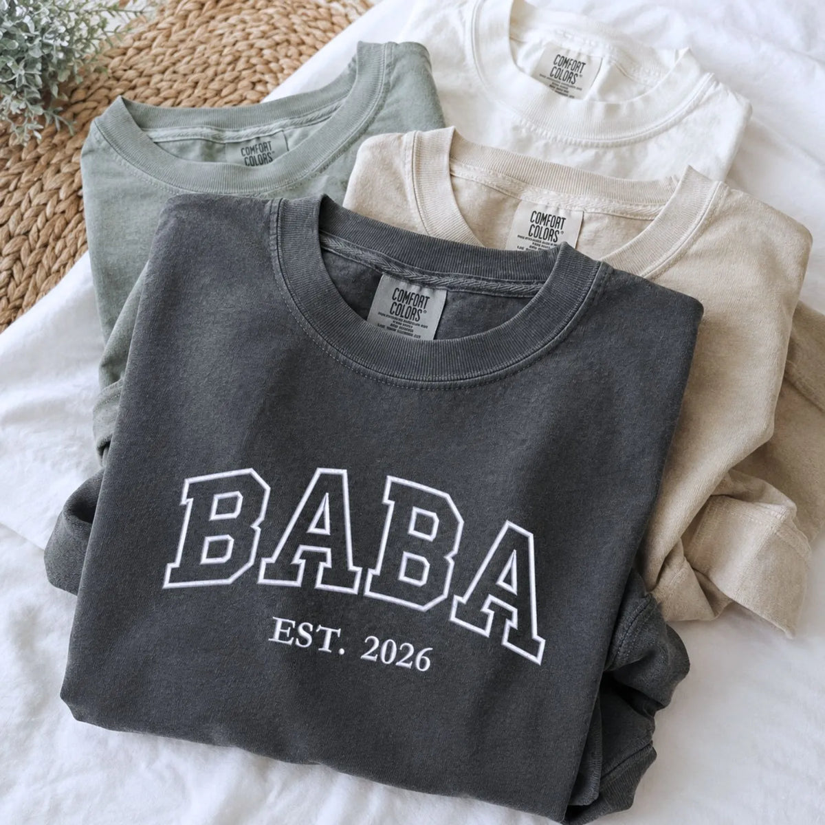 Custom embroidered Baba Est t-shirt with high-density stitching, personalized first Father's Day gift for him