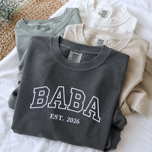 Custom embroidered Baba Est t-shirt with high-density stitching, personalized first Father's Day gift for him