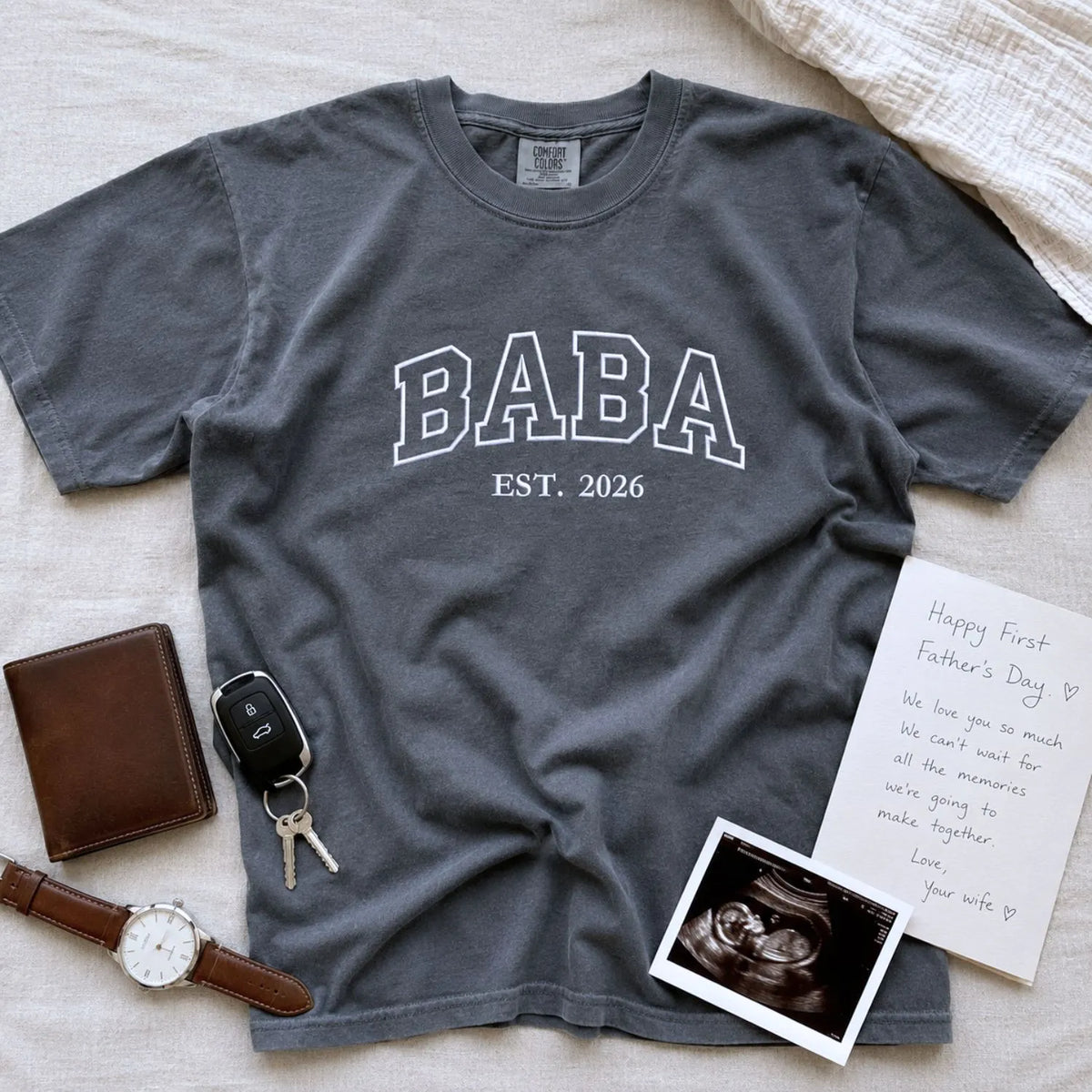 Custom embroidered Baba Est t-shirt with high-density stitching, personalized first Father's Day gift for him