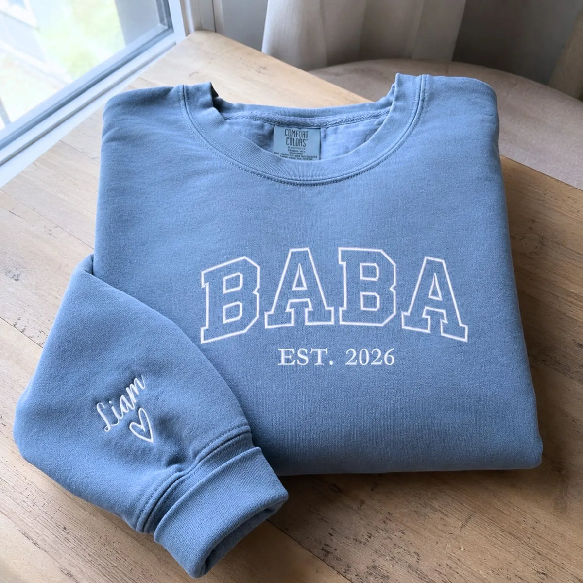 Custom embroidered Baba Est t-shirt with high-density stitching, personalized first Father's Day gift for him