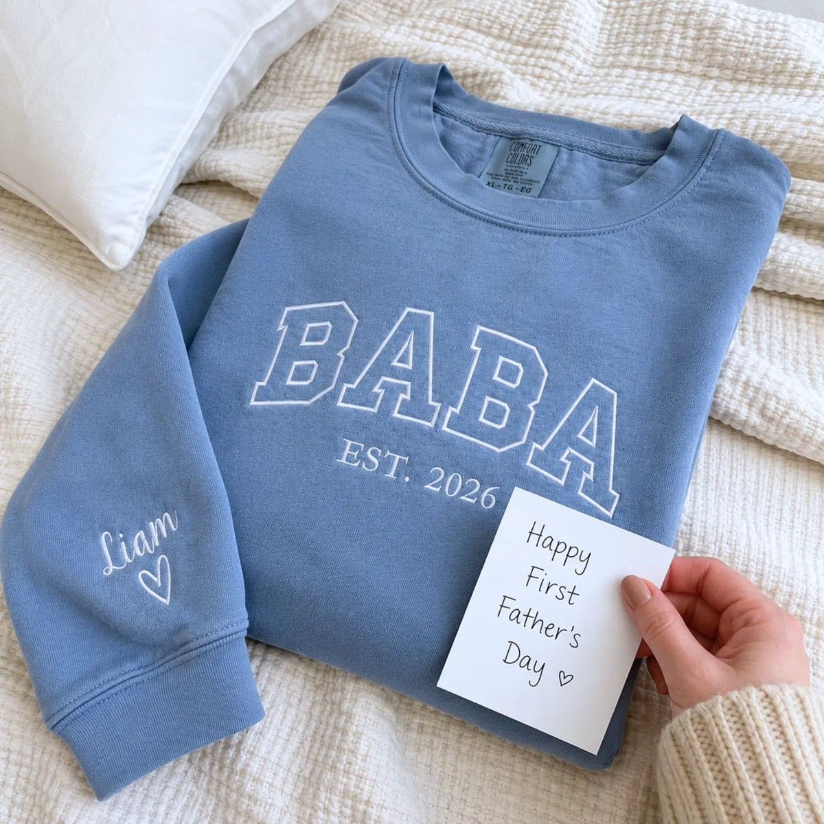 Custom embroidered Baba Est t-shirt with high-density stitching, personalized first Father's Day gift for him