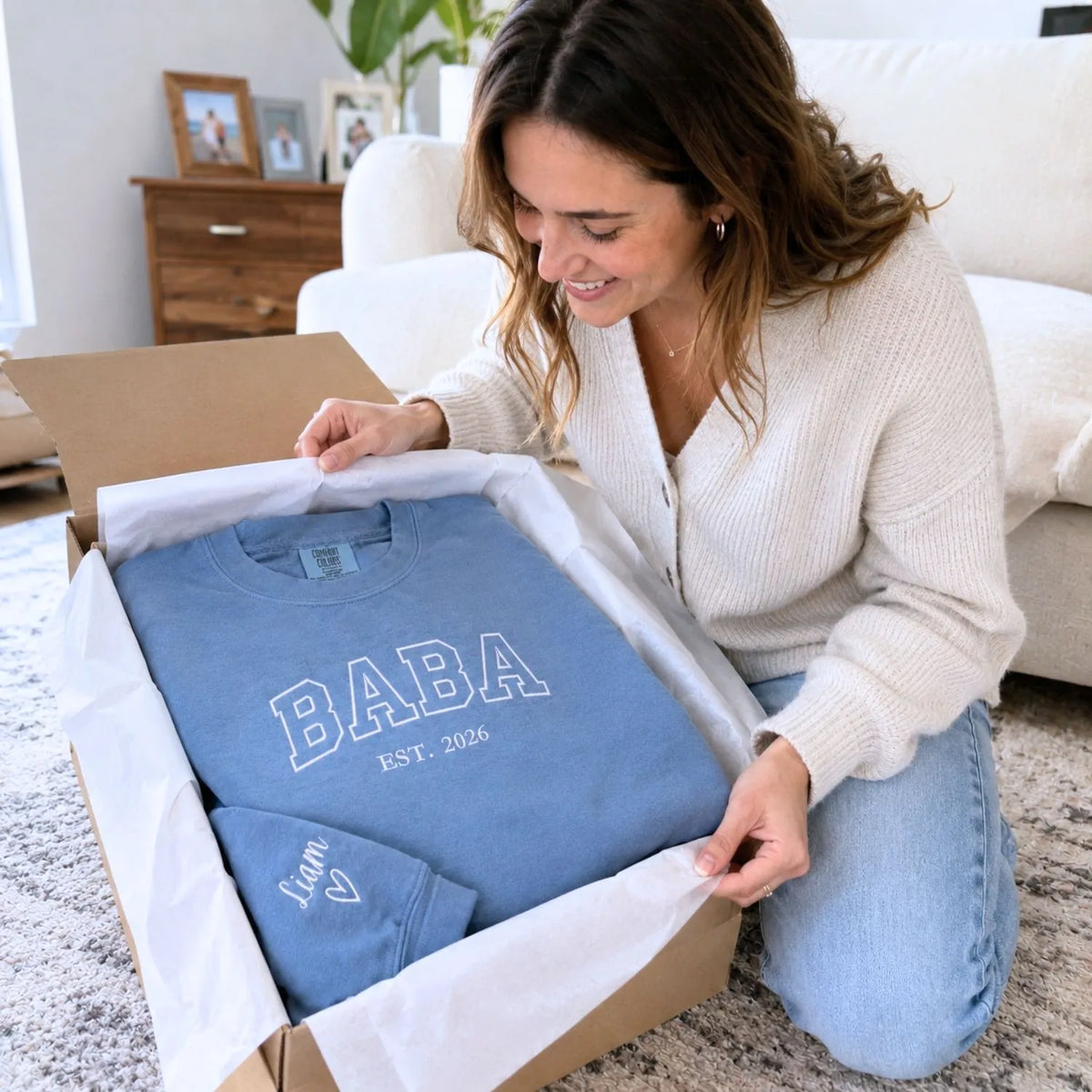 Custom embroidered Baba Est t-shirt with high-density stitching, personalized first Father's Day gift for him