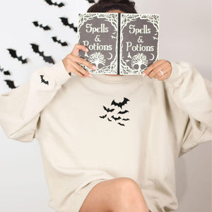 Bats Halloween Crewneck Sweatshirt, Embroidered Bats on Sleeve Hoodie for Men Women