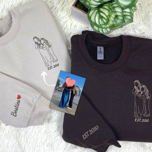 Personalized Matching Bestie Sweatshirts with Embroidery Your Pictures, Besties or EST Year on Sleeve