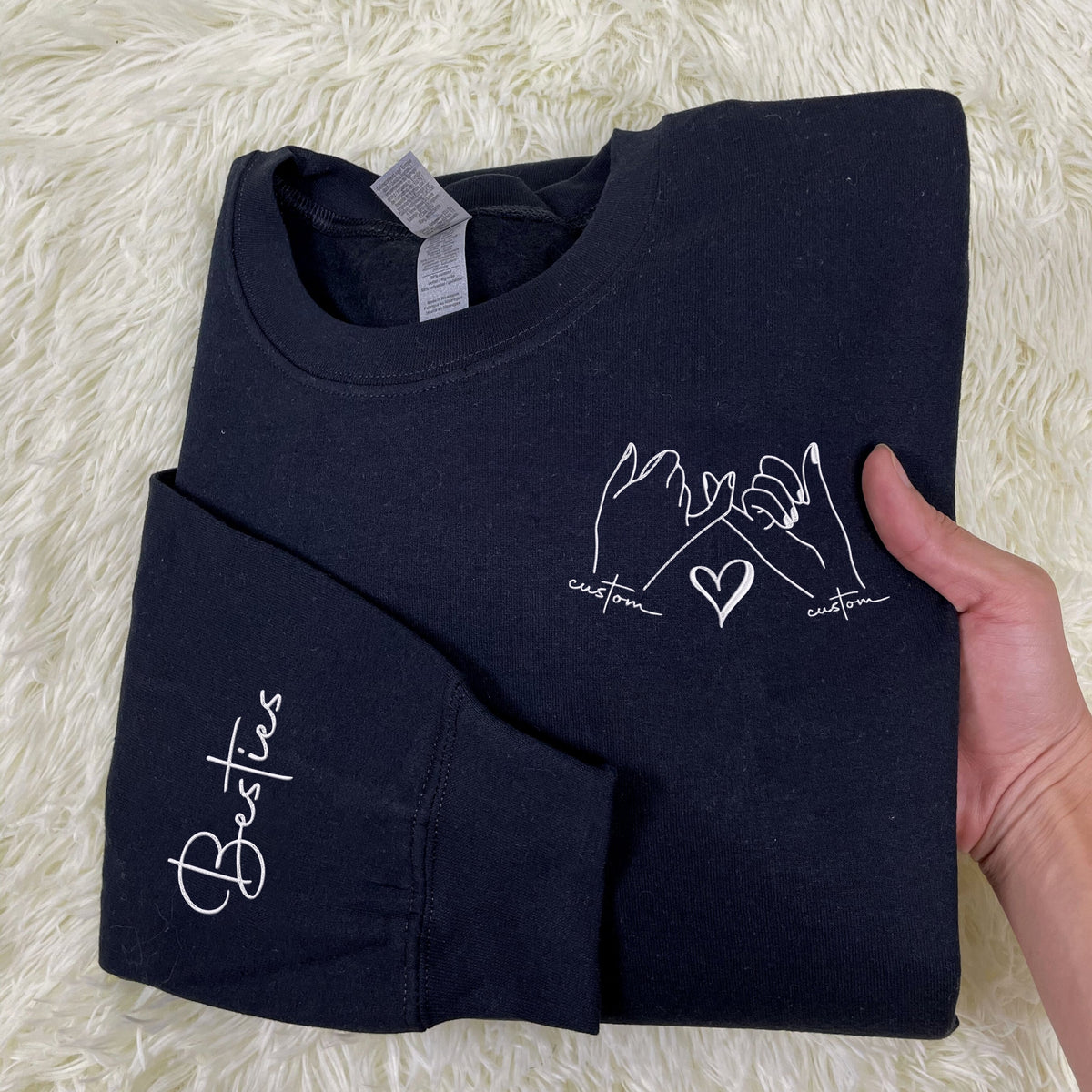 Custom Best Friend Sweatshirt with Embroidered Promise Hand and Besties Initial on Sleeve