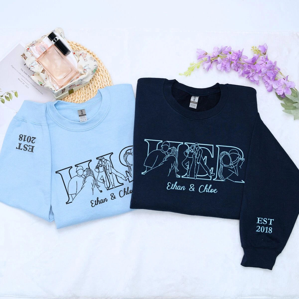Black and Light Blue His and Her Couple Sweatshirt, a meaningful and unique gift for your other half boyfriend girlfriend