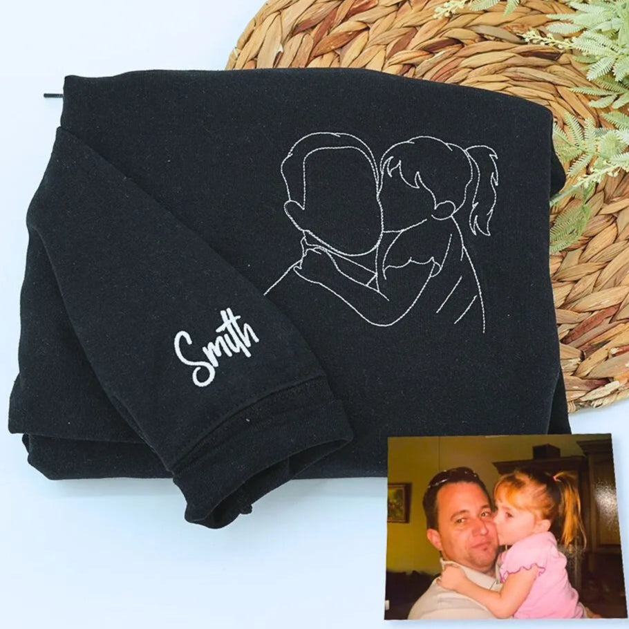 Black Dad Sweatshirt with name on sleeve, a meaningful and cozy gift for dad and daughter