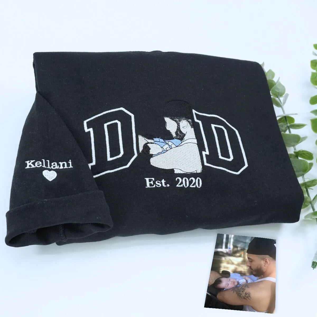 Black Dad Sweatshirt with Varsity Style 'EST. 2020' embroidery and kid's name on sleeve, a meaningful and cozy gift for dad