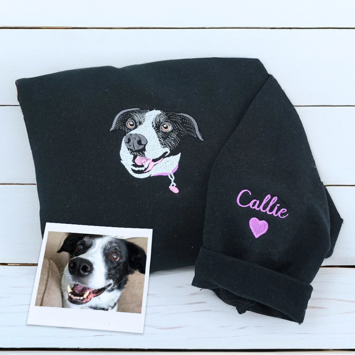 Black Dog Sweatshirt with dog name on sleeve, a meaningful and cozy gift for dog mom dog dad