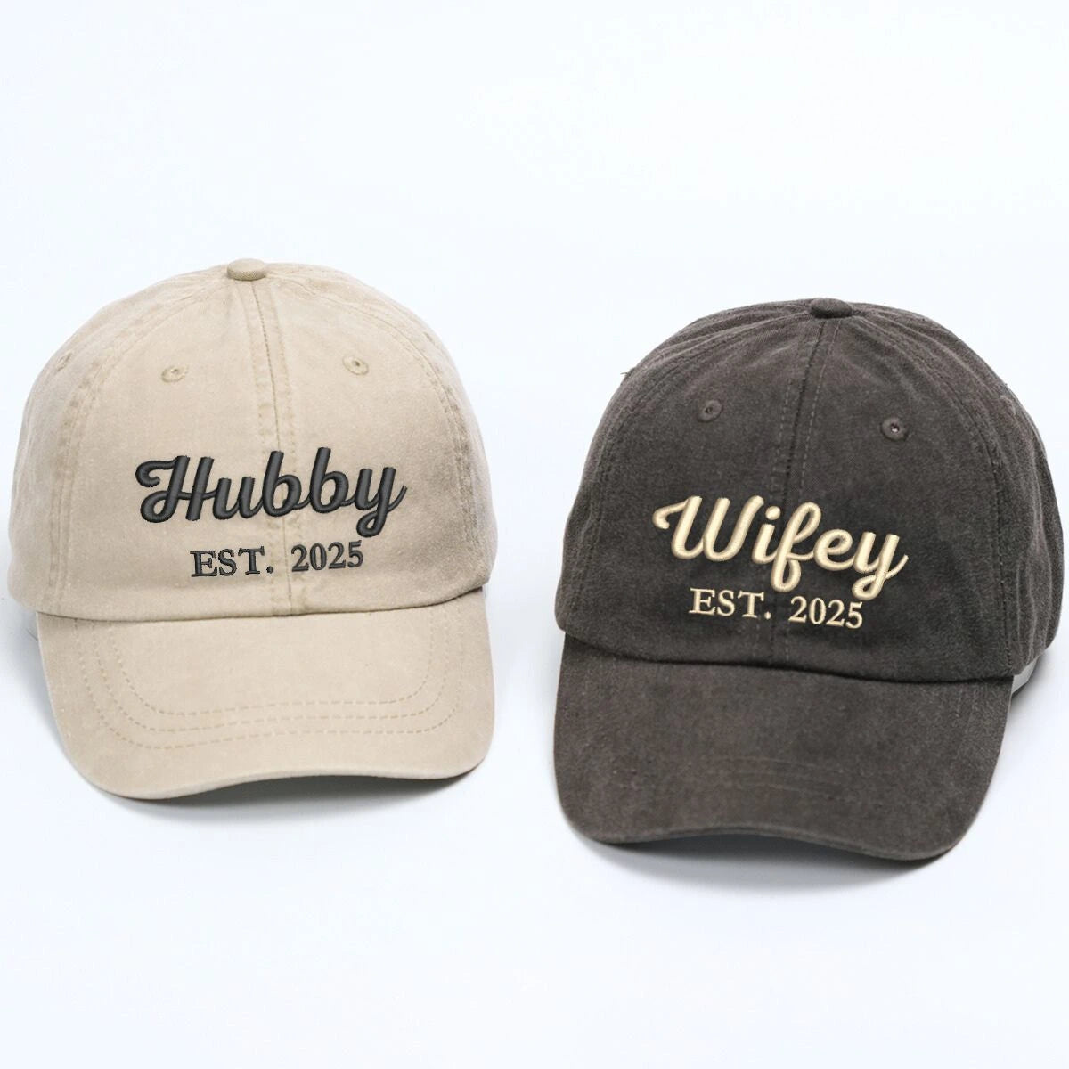 Black and Khaki Hubby Wifey Hat, with 2025 embroidery, a meaningful and stylish gift for wedding bride groom